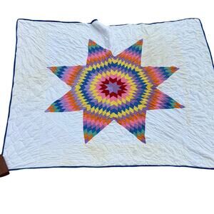 Vintage Cutter Quilt Patchwork Star Flower Pattern 92x80” Hand Made Blue Edging